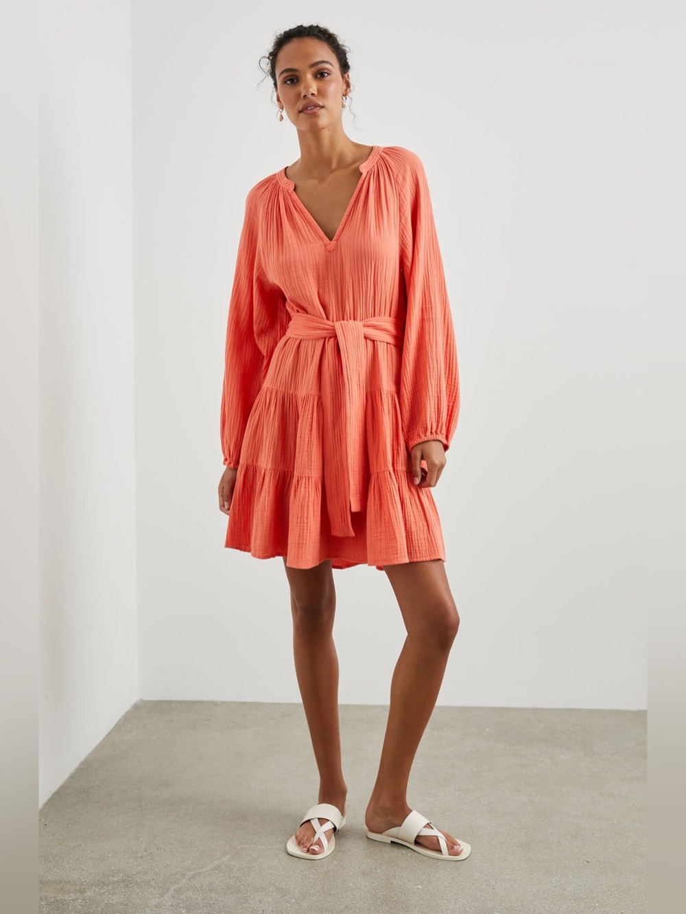 Rails Aureta Organic Cotton Gauze Long Sleeve Dress in Papaya NEW